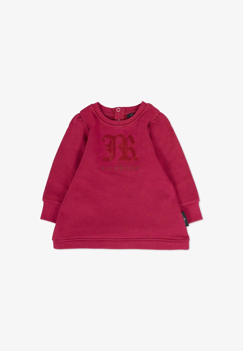 Robe sweat rouge avec épaules bouffantes, col côtelé et poignets. Présente un logo en relief "R" et le texte "John Richmond" sur le devant.