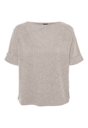 Světlá šedá texturovaná halenka s krátkými rukávy, kulatým výstřihem a ohrnovacími manžetami, volný střih.