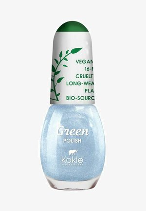 Vaaleansininen kynsilakka pyöreässä lasipullossa. Vihreässä korkissa on lehden kuvio. Etiketit osoittavat, että tuote on vegaaninen, eläinkokeettoman ja ympäristöystävällinen.