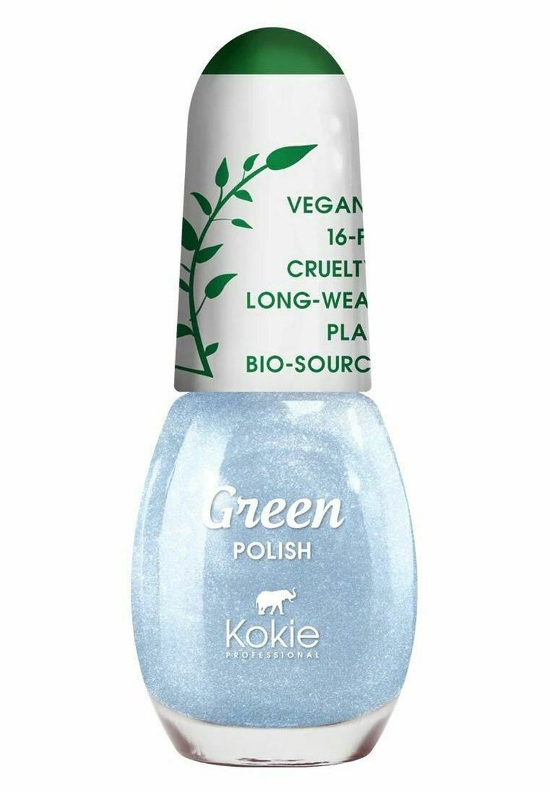 Ljusblå nagellack i en rund glasflaska. Grön kork med bladdesign. Etiketterna indikerar vegan, cruelty-free och miljövänlig.