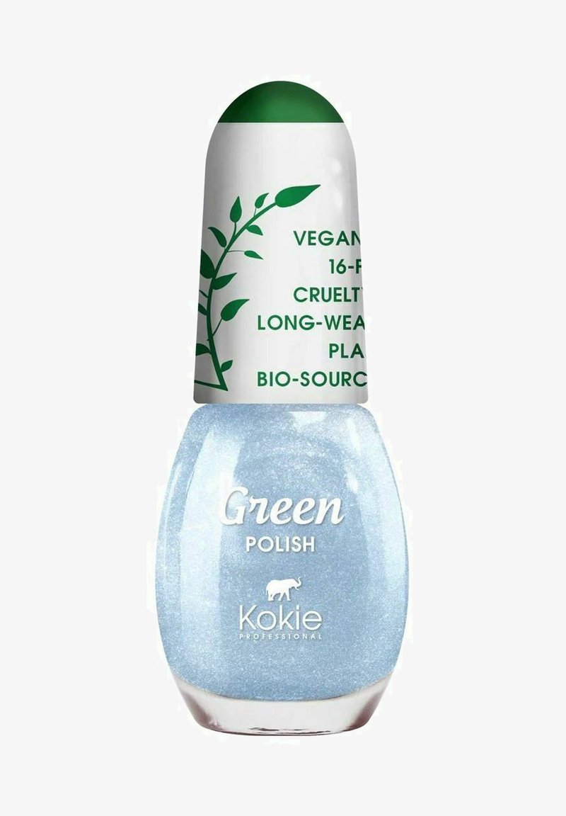 Ljusblå nagellack i en rund glasflaska. Grön kork med bladdesign. Etiketterna indikerar vegan, cruelty-free och miljövänlig.