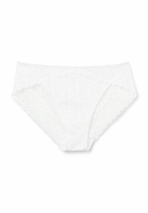 Witte kanten ondergoed met bloemmotieven, golvende randen en een zachte, delicate textuur. Klassieke hipster snit met naadloze zijkanten.