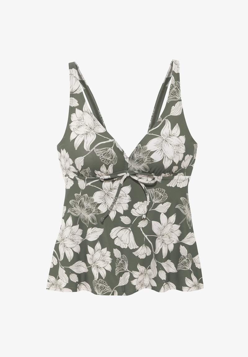 Bloemmotief tanktop in olijfgroen met witte bloemenpatronen, V-hals, verstelbare bandjes en een geknoopte accent bij de taille. Zachte stof.