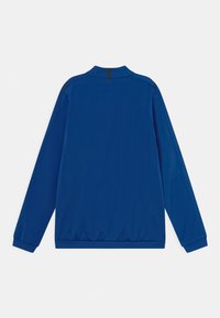 Blaues Sportjackett aus glattem, leichtem Material. Verfügt über einen hohen Kragen, lange Ärmel und schwarze Akzentstreifen auf den Schultern.