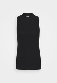 Top in maglia nera senza maniche con collo alto, silhouette attillata e design semplice su sfondo bianco.