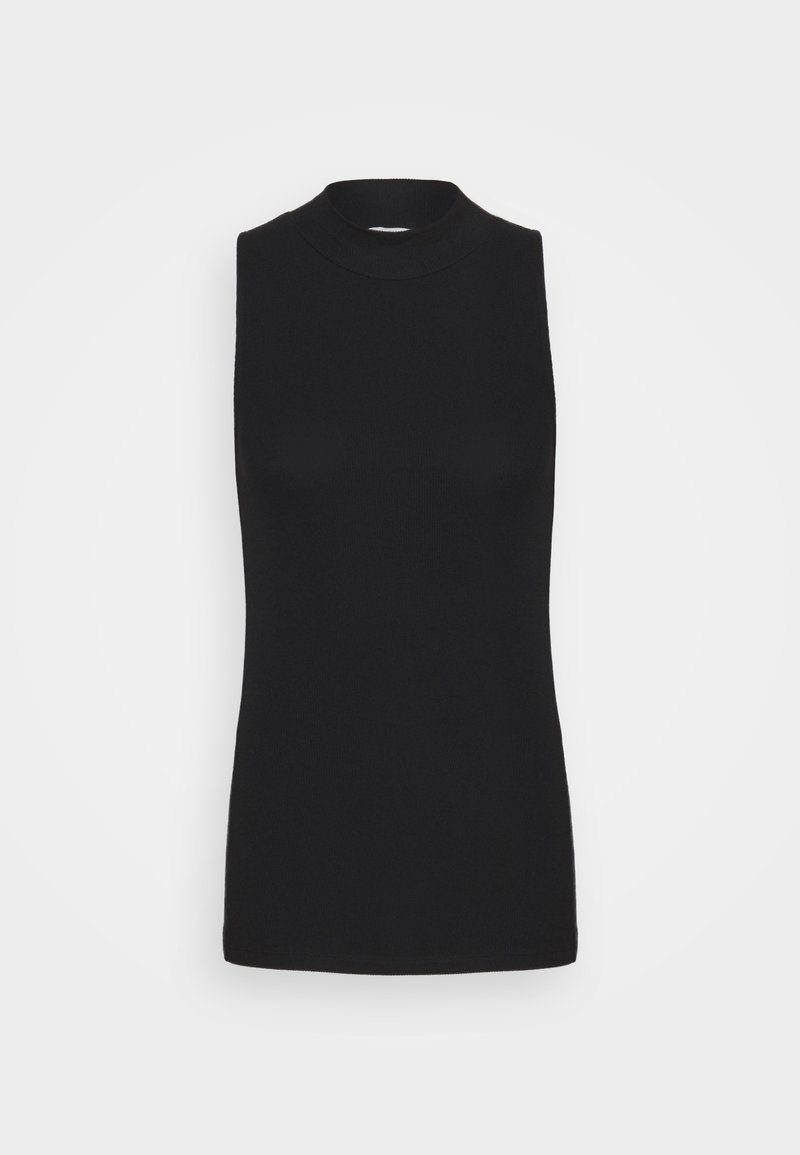 Top in maglia nera senza maniche con collo alto, silhouette attillata e design semplice su sfondo bianco.