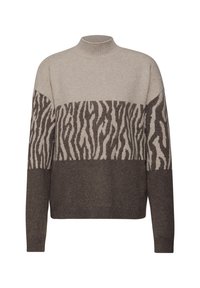 Strickpullover mit hohem Kragen; zeichnet sich durch beigen und dunkelbraunen Streifen mit einem Zebra-Muster aus. Weicher Stoff mit lockerer Passform und langen Ärmeln.