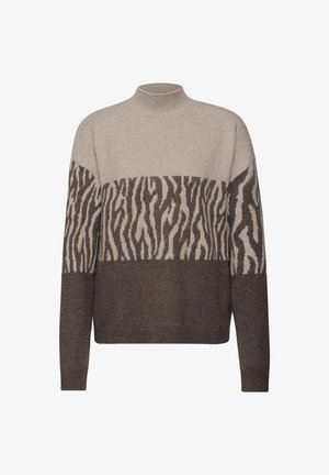 Maglione lavorato a maglia con collo alto; presenta righe beige e marrone scuro con un motivo zebra. Texture morbida con una vestibilità ampia e maniche lunghe.