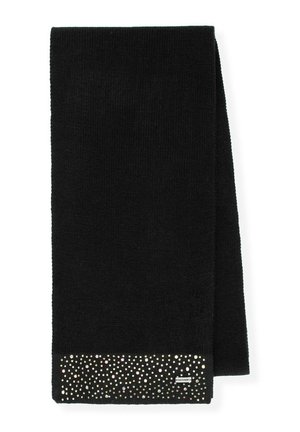 Écharpe en tricot noir avec une finition texturée, ornée d'un bord inférieur de strass multicolores et d'une petite étiquette logo.