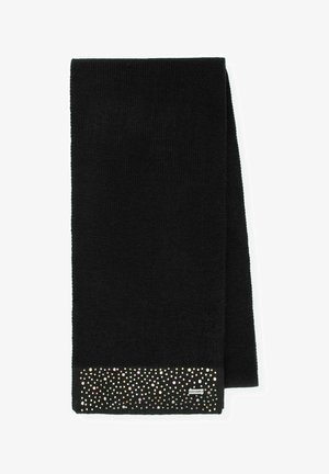 Écharpe en tricot noir avec une finition texturée, ornée d'un bord inférieur de strass multicolores et d'une petite étiquette logo.