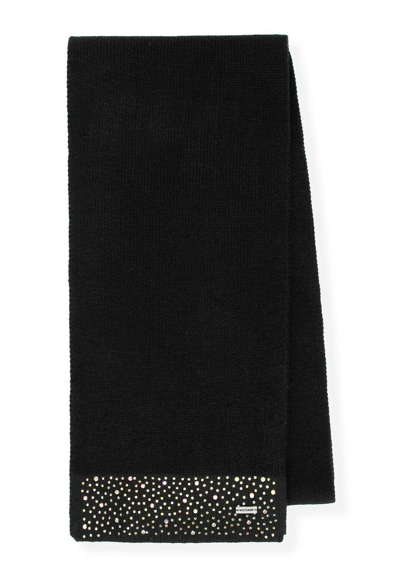 Černá pletená šála s texturovaným povrchem, ozdobená spodním okrajem s vícebarevnými kamínky a malou značkovou štítkem.