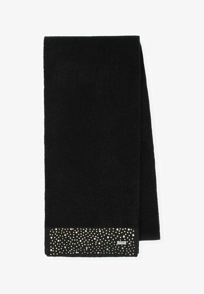 Černá pletená šála s texturovaným povrchem, ozdobená spodním okrajem s vícebarevnými kamínky a malou značkovou štítkem.