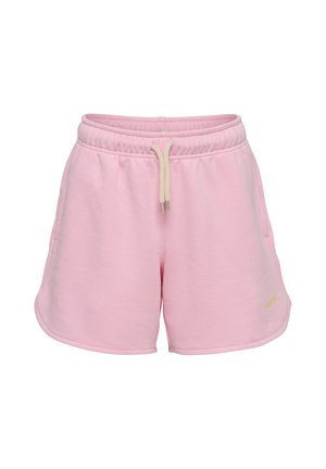 Light pink elastic waist shorts with beige drawstring and small yellow logo on the lower left side.