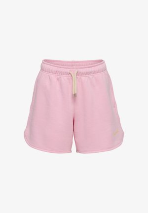 Lyserøde elastiske shorts med beige snøre og lille gult logo på nederste venstre side.