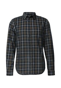 Dlouhý rukáv, košile na knoflíky v tmavě šedé barvě s kostičkovaným vzorem, který obsahuje černé, bílé a žluté pruhy. Vyrobeno z měkké tkaniny.