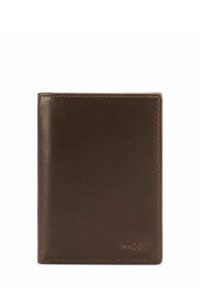 Brązowy skórzany portfel o gładkiej teksturze, prostokątnym kształcie i kontrastowym przeszyciu. Na dole po prawej stronie znajduje się wytłoczona logo.