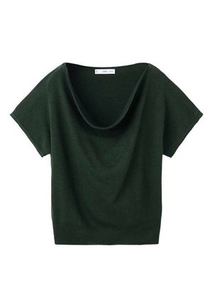 Pulover scurt cu mâneci scurte, de culoare verde închis, cu un gât drapat lățit. Confecționat dintr-un material tricotat moale, are o croială lejeră și un tiv cu nervuri.