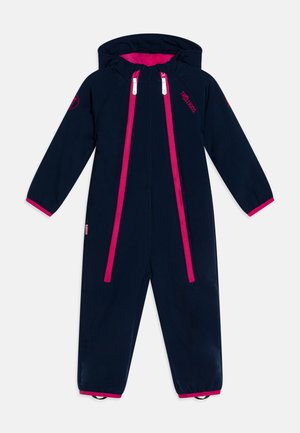 Dunkelblauer Kinder-Schneeanzug mit pinken Reißverschlüssen und Akzenten. Verfügt über eine Kapuze, lange Ärmel und elastische Bündchen. Glatte Textur, strapazifähiges Material.