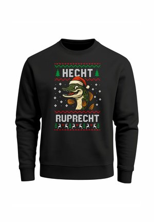 Black sweatshirt featuring a cartoon fish wearing a Santa hat, with "HECHT" and "RUPPRECHT" text in white, surrounded by festive patterns.