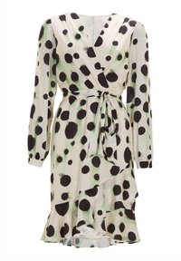 Robe portefeuille en tissu léger avec un fond beige orné de grands pois noirs et verts, manches longues, taille à nouer et ourlet froncé.