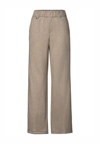 Pantaloni a gamba larga a quadri beige con cintura elasticizzata, caratterizzati da una leggera texture e tasche laterali per una maggiore funzionalità.