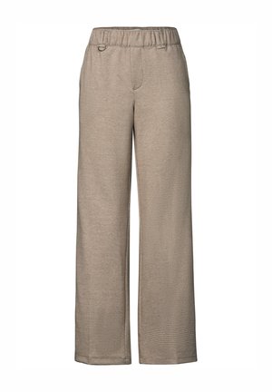 Beige rutig vida byxor med elastisk midja, med subtil textur och sidofickor för ökad funktionalitet.