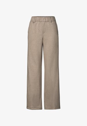Beige geruite wijde broek met een elastische tailleband, voorzien van een subtiele textuur en zijzakken voor extra functionaliteit.