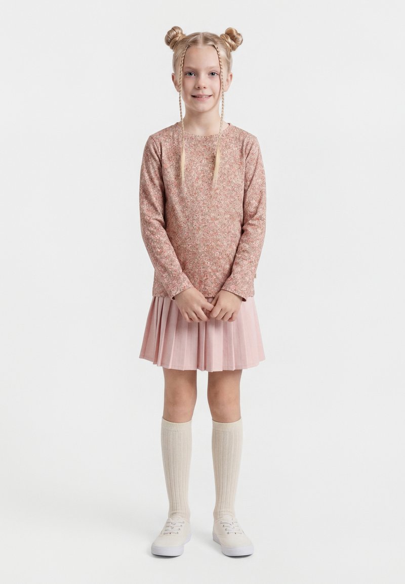 Mladá dívka se světlými vlasy upravenými do dvou drdolů a copy, oblečena v růžovém květovaném tričku s dlouhými rukávy, růžové plisované sukni, krémových podkolenkách po kolena a bílých botách.