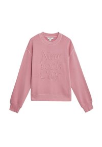 Sudadera de manga larga color rosa con cuello redondo, con "New York City" en relieve en la parte delantera, puños y dobladillo acanalados.