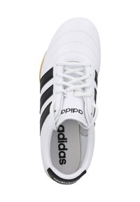 Vit idrottssko med svarta ränder, övre i läder, snörning, vadderad krage och gummiyttersula. Texturerad innersula med varumärkeslogotyp.
