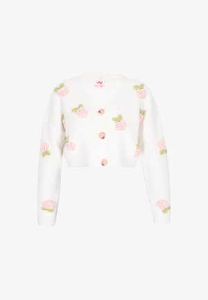 Hvid cropped cardigan med V-hals, der har broderede lyserøde roser med grønne blade. Inklusiv ferskenknapper ned langs forsiden. Blød tekstur.
