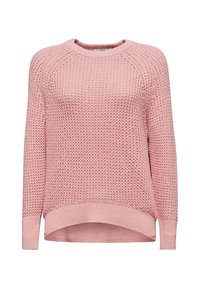 Lichtroze gebreide trui met een ronde halslijn, raglanmouwen, geribbelde zoom en textuurpatroon voor een cozy uitstraling.