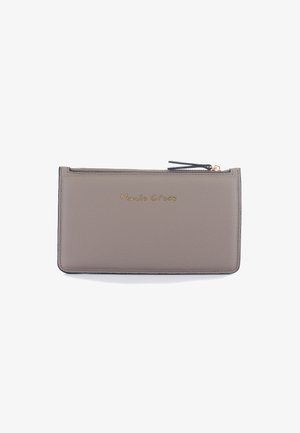 Gray leather wallet with textured surface, zip closure, and gold embossed brand name. Rectangular shape with minimalistic design.