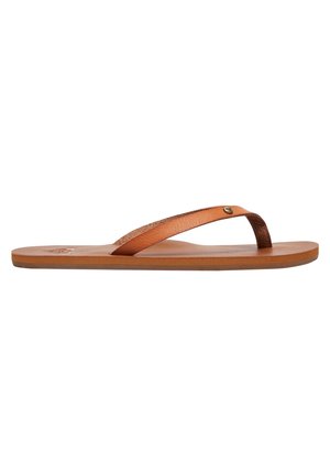 Enkelt brun læderflip-flop sandal med en flad sål og en rem med en lille rund metal detalje nær tå-deleren.
