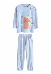 Light blue pajama set with long-sleeve top featuring a reindeer graphic and silver accents; pants have white deer and star patterns.