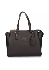 Borsa a mano in finta pelle marrone scuro con hardware dorato, chiusura a zip, manici superiori doppi e una piccola tasca frontale con dettaglio del logo.