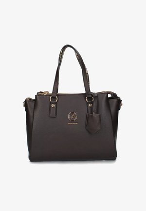 Borsa a mano in finta pelle marrone scuro con hardware dorato, chiusura a zip, manici superiori doppi e una piccola tasca frontale con dettaglio del logo.