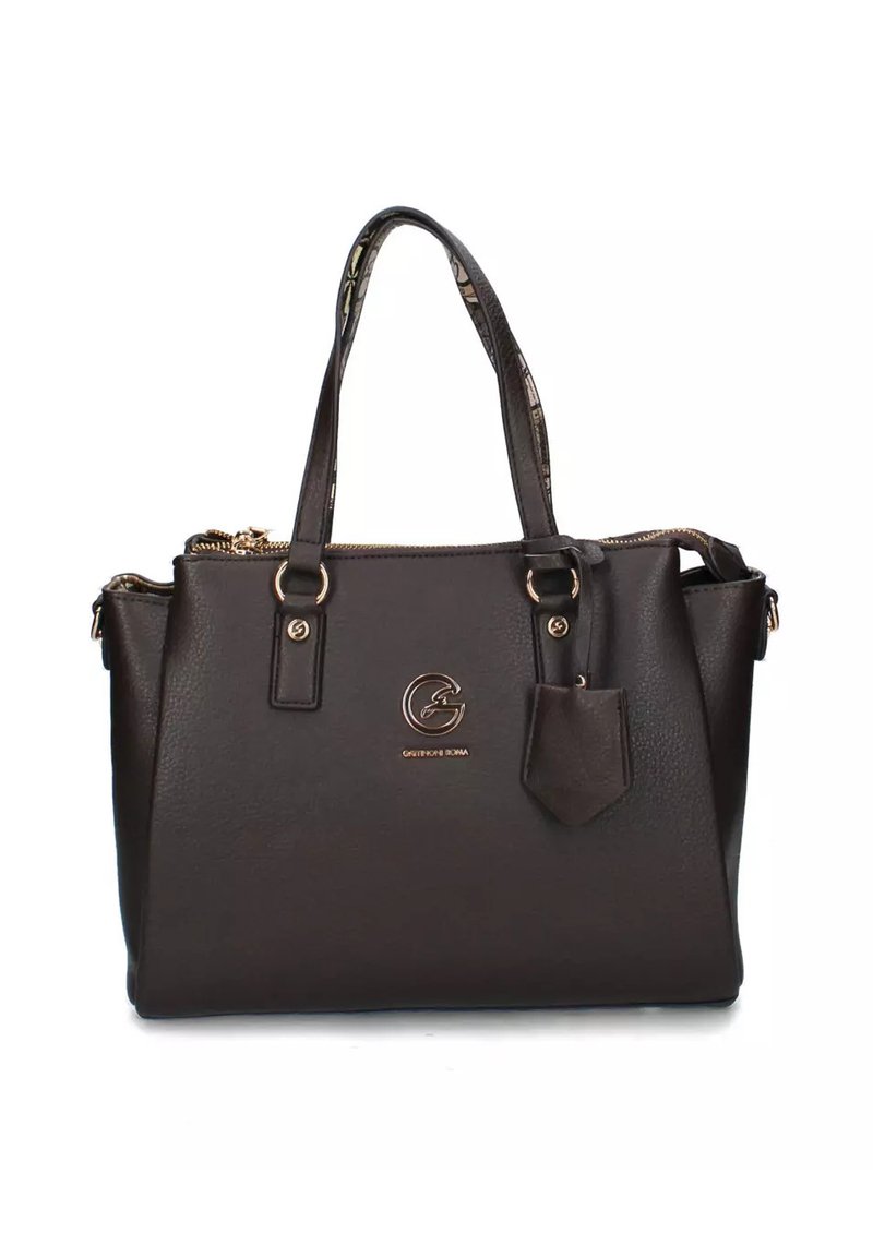 Borsa a mano in finta pelle marrone scuro con hardware dorato, chiusura a zip, manici superiori doppi e una piccola tasca frontale con dettaglio del logo.