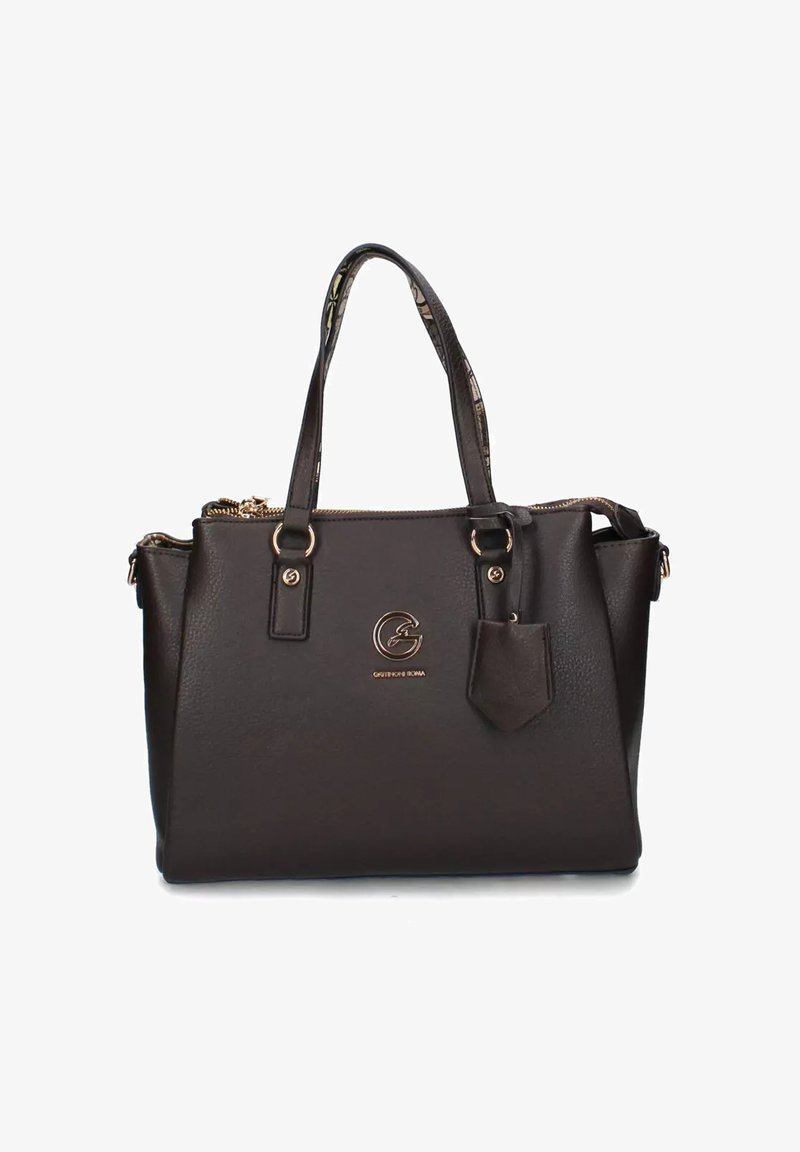 Borsa a mano in finta pelle marrone scuro con hardware dorato, chiusura a zip, manici superiori doppi e una piccola tasca frontale con dettaglio del logo.