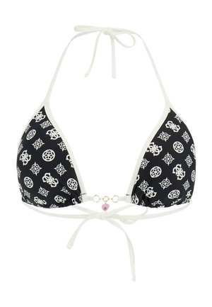 Fekete háromszög bikini felsőrész fehér tengeri stílusú mintákkal, fehér szegéllyel és nyak- illetve hátkötővel, elöl a közepén kis szív alakú medállal.