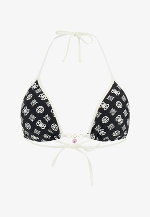 Zwarte driehoekige bikinitop met witte nautische patronen, witte bies en strikjes aan nek en rug met een klein hartvormig hangertje vooraan in het midden.