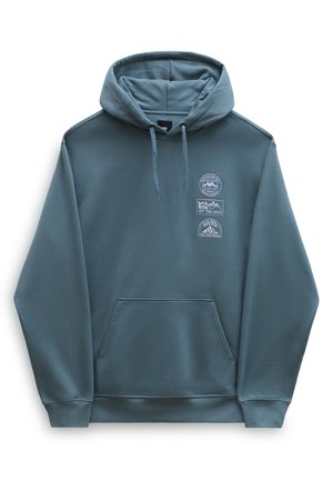 Blå bomullshuvtröja med känguruficka, snöre och tre broderade cirkulära patchar med berg och logotyper.