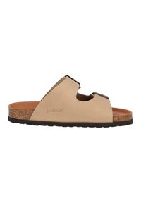 Beige suède slipper sandaal met open teen, kurken voetbed en twee verstelbare banden. Geprofileerde buitenzool biedt grip. "Palado" logo zichtbaar.