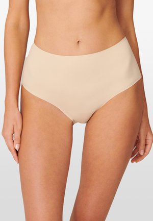 Beige high-waisted ondergoed gemaakt van gladde, rekbare stof. Beschikt over een naadloos ontwerp voor comfort en een comfortabele pasvorm.