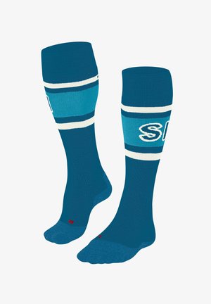 Calze al ginocchio in una combinazione di colori turchese e blu, con strisce orizzontali e un motivo con logo vicino alla parte superiore. Realizzate in tessuto testurizzato.