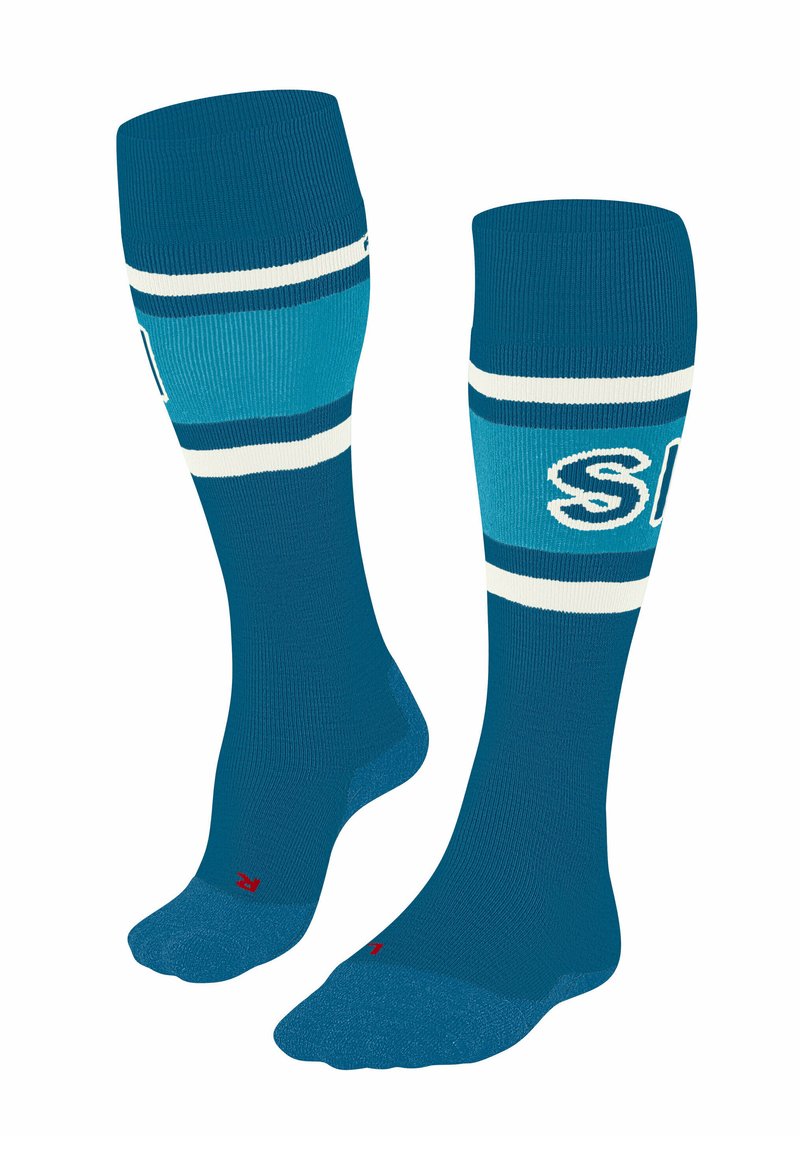 Kniestrümpfe in einer Farbgestaltung aus Blaugrün und Blau mit horizontalen Streifen und einem Logomuster nahe dem oberen Rand. Hergestellt aus strukturiertem Stoff.