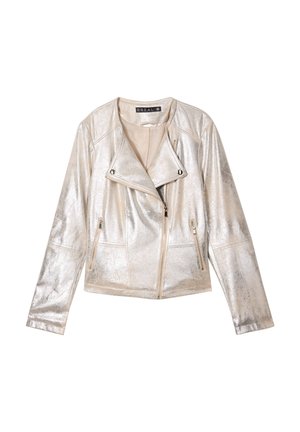 Veste de moto en faux cuir argent métallique avec fermeture éclair à l'avant, col anglé et deux poches latérales zippées. Texture lisse et coupe ajustée.