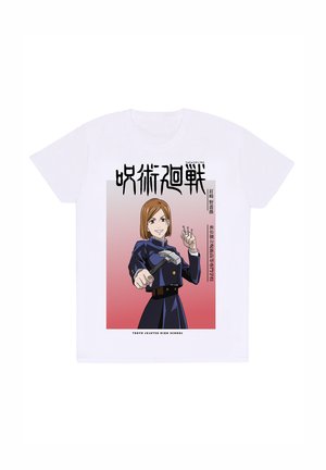 White t-shirt featuring graphic print of a character in a blue uniform, holding a tool, on a gradient pink background with Japanese text.