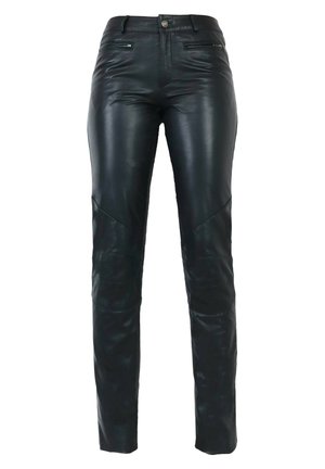 Schwarze Lederhosen mit slim fit, ausgestattet mit Reißverschlusstaschen, einer glatten Textur und Kniefangendetails für ein zusätzliches Design.