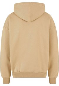 Beige hooded sweatshirt, soft cotton blend, relaxed fit, ribbed cuffs and hem, minimalistic design with no visible logos or patterns.